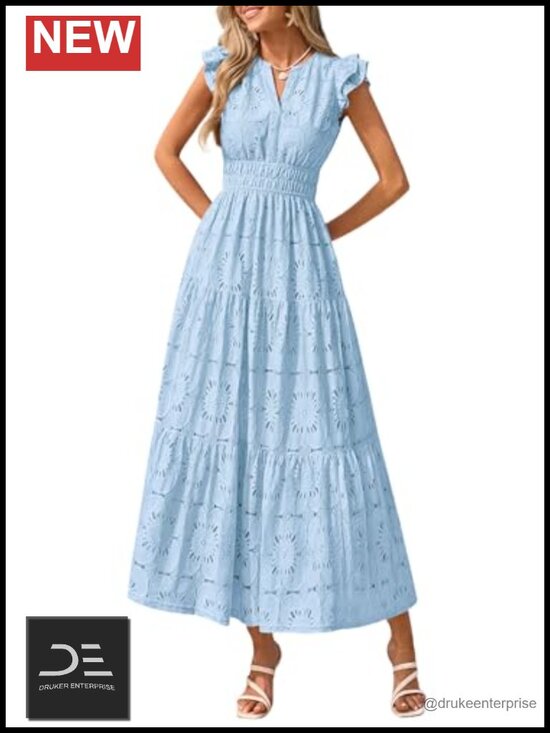 Dresses & Skirts - Boho Maxi Dress with Floral Lace Eyelet V Neck Wedding Guest Beach Vacation